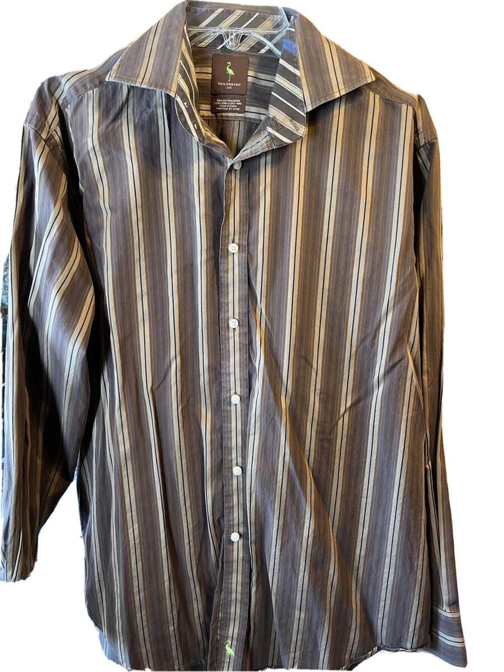 TAILORBYRD Men's L Striped Brown Gold Long Sleeve Button Down 2 ply cotton Shirt